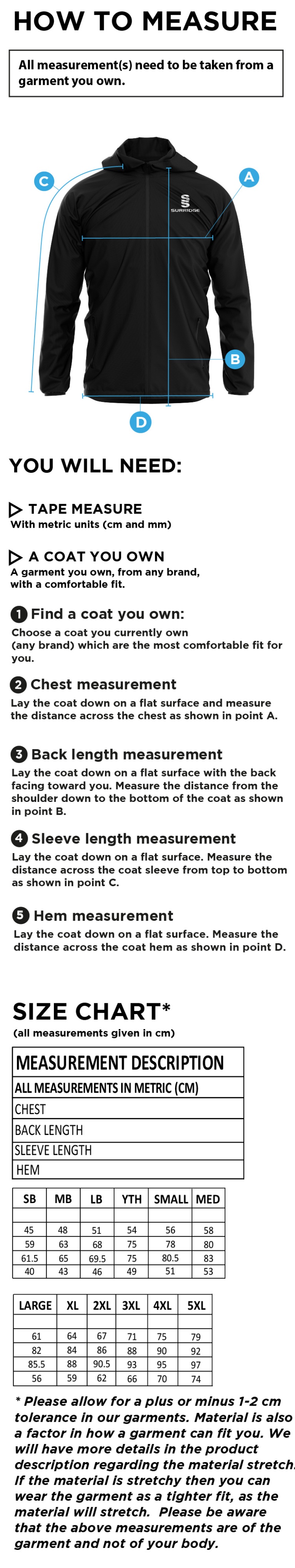 Clitheroe & Blackburn Northern HC Lightweight Full Zip Training Jacket - Size Guide