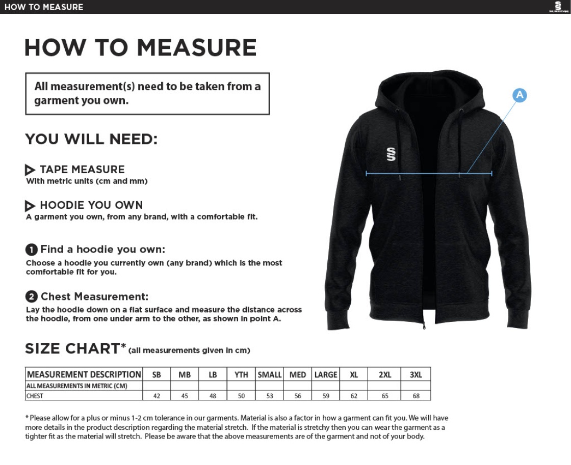 Clitheroe & Blackburn Northern HC Dual Bonded Full Zip Hoody - Size Guide
