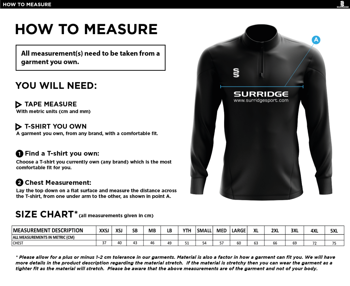 Clitheroe & Blackburn Northern HC Dual Performance 1/4 Zip Top - Size Guide