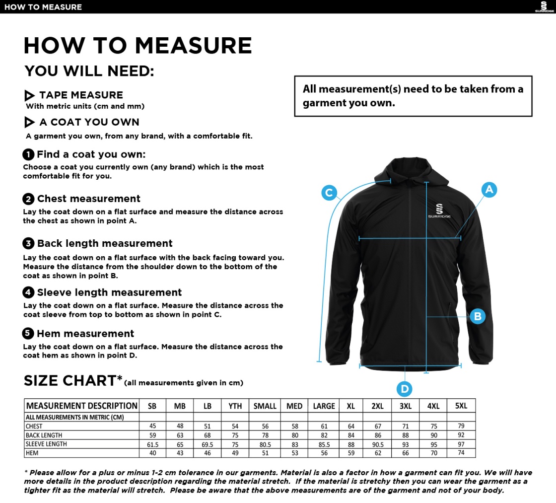 Clitheroe & Blackburn Northern HC Lightweight Full Zip Training Jacket - Size Guide